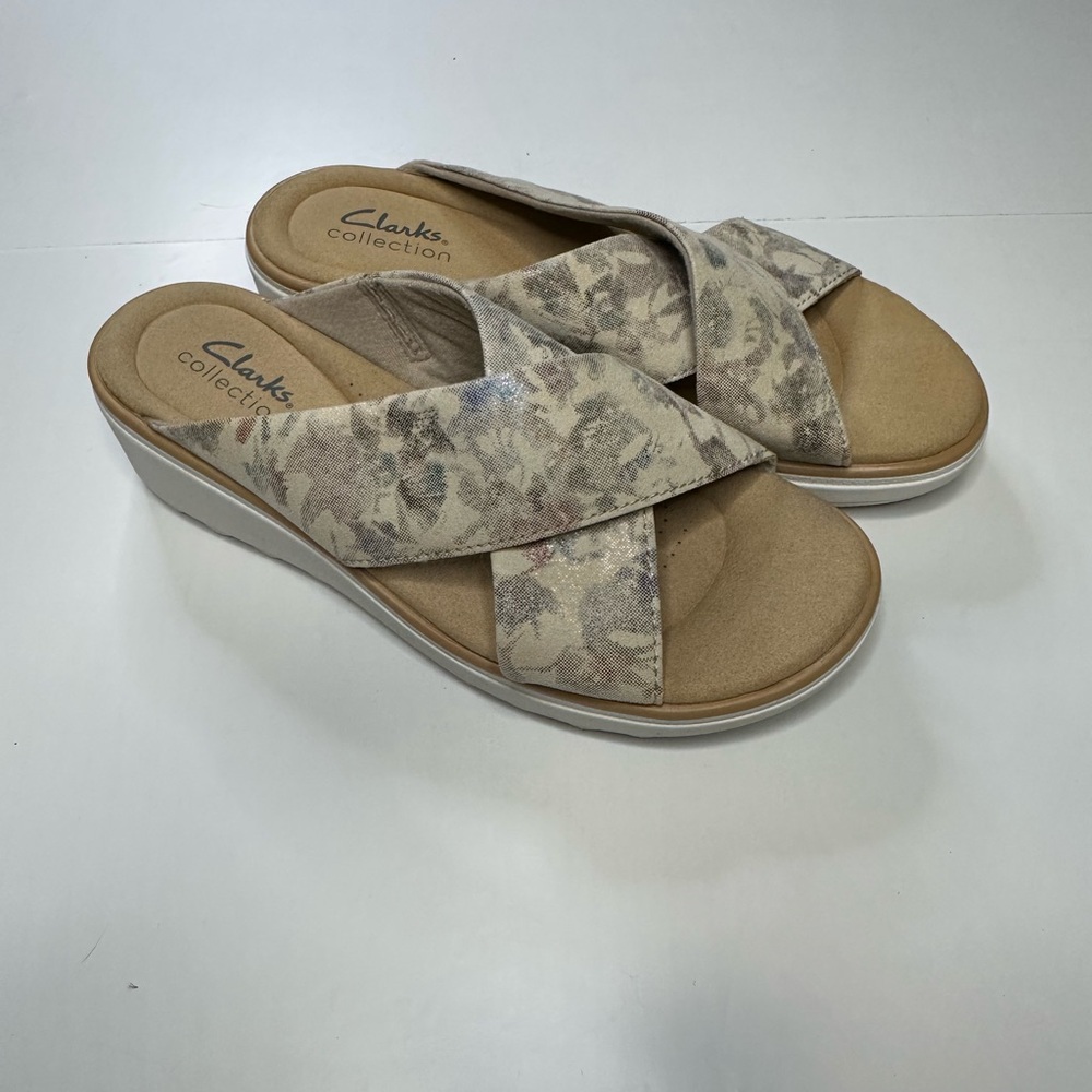 Clarks Jillian Gem Womens Size 6.5 Shoes Sand Floral Comfort Slide Sandal Wedge‎